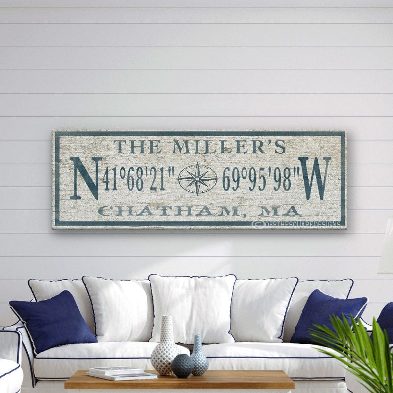 Personalized Coordinates Sign, Family Name Latitude Longitude, Rustic Compass GPS Coordinates, Thoughtful Gift, Wedding Gift, Beach Decor