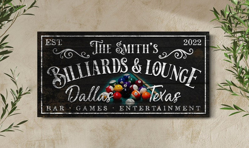 Personalized Billiards Sign Basement Bar & Lounge Last Name Pool Hall Table Modern Farmhouse Wall Decor Rustic Vintage Wall Art Canvas Art