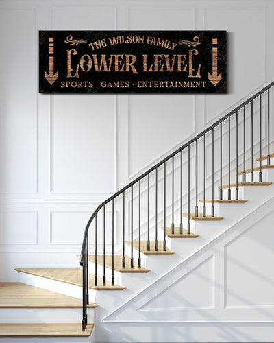 Personalized Lower Level Sign with Family Name Game Movie Room Wall Decor Basement Sign Man Cave Sign Family Room Decor Large Canvas Print