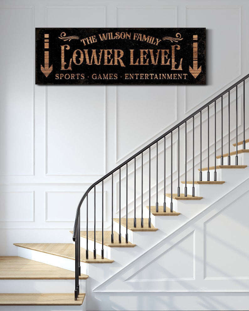 Personalized Lower Level Sign with Family Name Game Movie Room Wall Decor Basement Sign Man Cave Sign Family Room Decor Large Canvas Print
