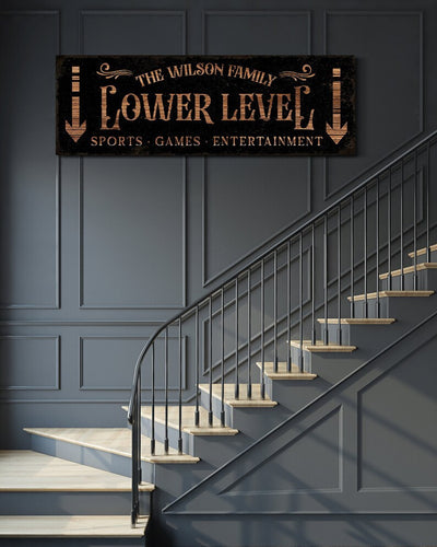 Personalized Lower Level Sign with Family Name Game Movie Room Wall Decor Basement Sign Man Cave Sign Family Room Decor Large Canvas Print
