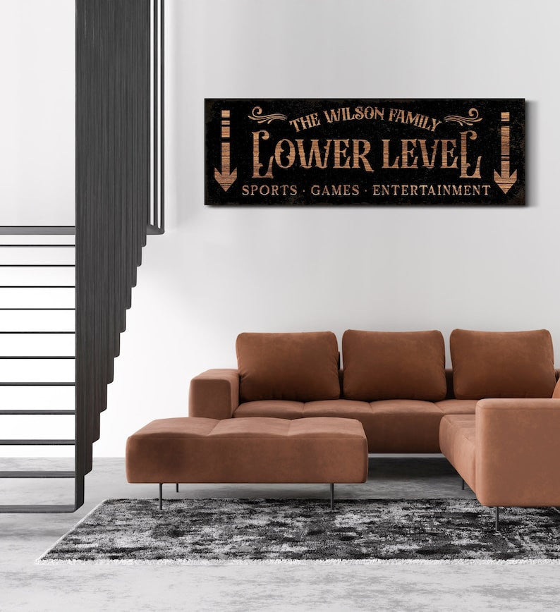 Personalized Lower Level Sign with Family Name Game Movie Room Wall Decor Basement Sign Man Cave Sign Family Room Decor Large Canvas Print