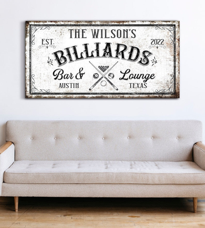 Custom Billiards Sign Bar & Lounge Sign Modern Farmhouse Wall Decor Sign Rustic Canvas Print Art 8-Ball Sign Pool Room Sign