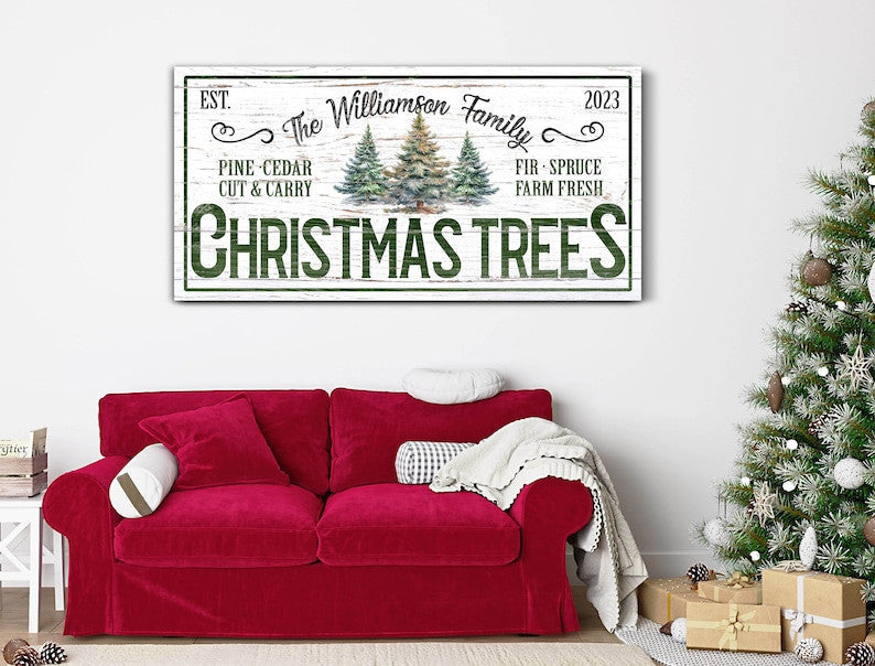 Personalized Christmas Tree Farm Sign, Primitive Country Decor, Christmas Canvas Wall Art, Vintage Winter Decor, Farmhouse Christmas Decor