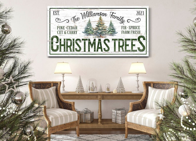 Personalized Christmas Tree Farm Sign, Primitive Country Decor, Christmas Canvas Wall Art, Vintage Winter Decor, Farmhouse Christmas Decor