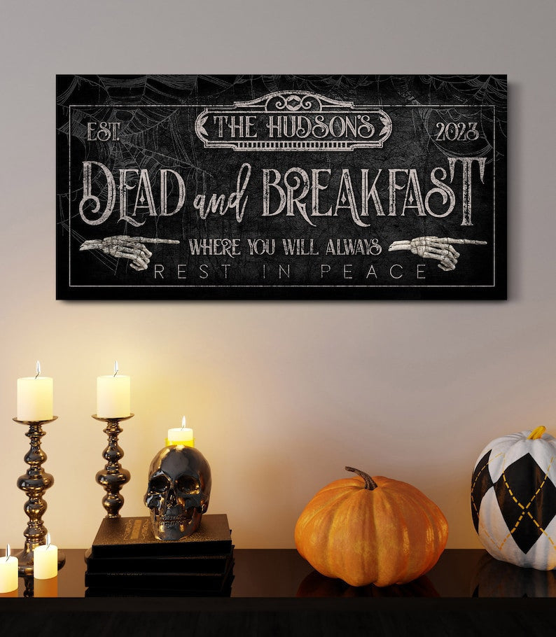 Personalized Dead & Breakfast Sign, Sleepy Hollow Bedroom Halloween Decor, Spooky Vintage Fall Decor, Rustic Halloween Farmhouse Canvas Art