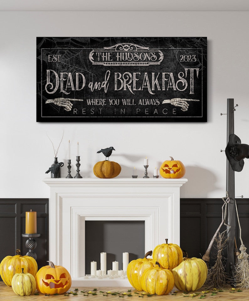 Personalized Dead & Breakfast Sign, Sleepy Hollow Bedroom Halloween Decor, Spooky Vintage Fall Decor, Rustic Halloween Farmhouse Canvas Art