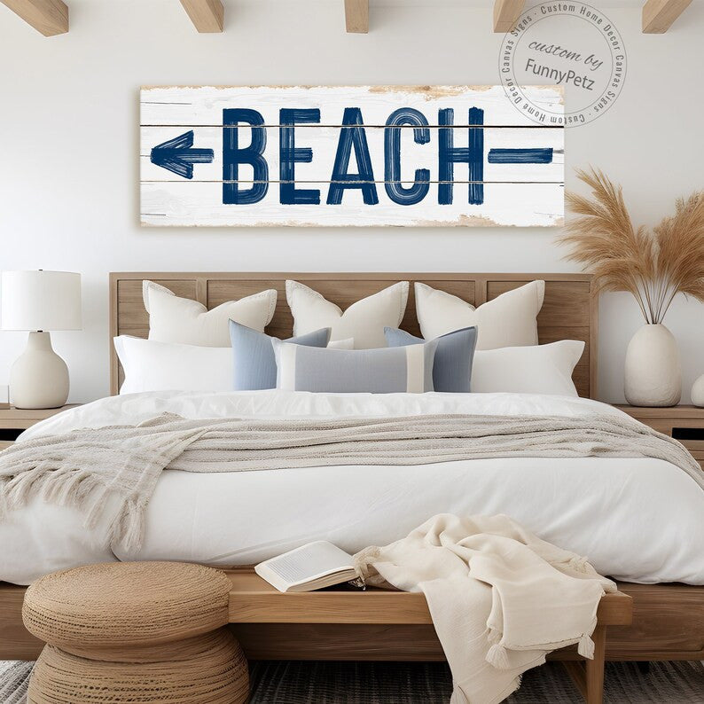 Beach Direction Sign | Shore Direction Arrow Decor | Rustic Canvas Print, Farmhouse Wall Art, Canvas Print