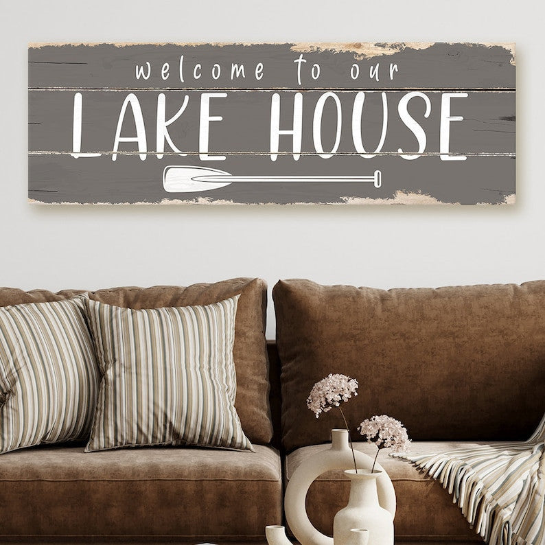 Welcome To Our Lake House Sign Canvas Wall Art | Farmhouse Lake Home Sign | Rustic Canvas Print