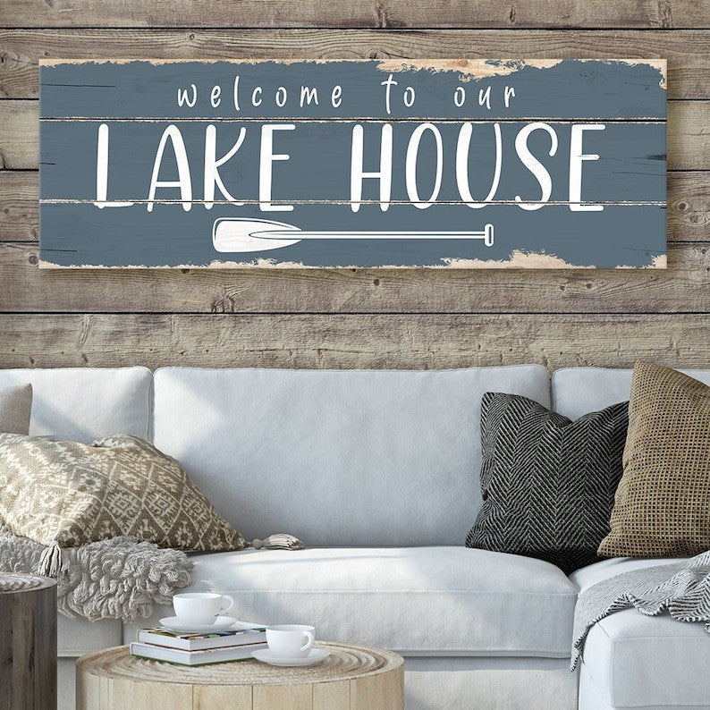 Welcome To Our Lake House Sign Canvas Wall Art | Farmhouse Lake Home Sign | Rustic Canvas Print