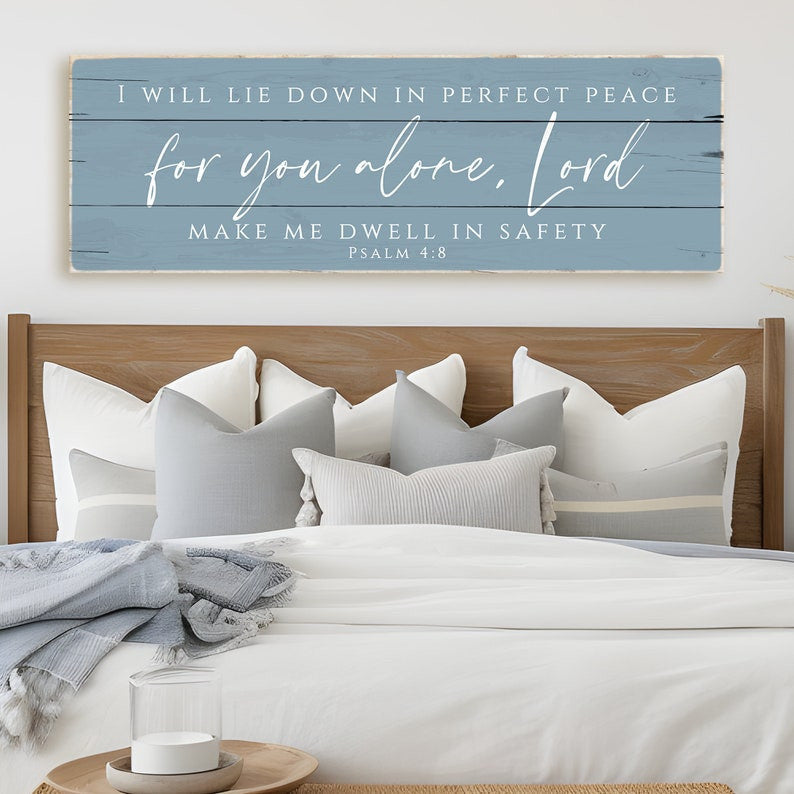 I Will Lie Down In Perfect Peace For You Alone Lord Sign Canvas Wall Art | Psalm 4:8 Bible Verse Decor | Worn Edges Canvas Print