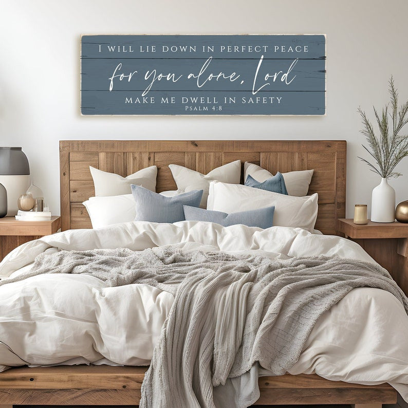 I Will Lie Down In Perfect Peace For You Alone Lord Sign Canvas Wall Art | Psalm 4:8 Bible Verse Decor | Worn Edges Canvas Print