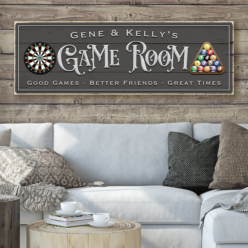 Game Room Sign Personalized Canvas Wall Art | Darts And Billiards Game Room Wall Decor | Worn Edges Canvas Print