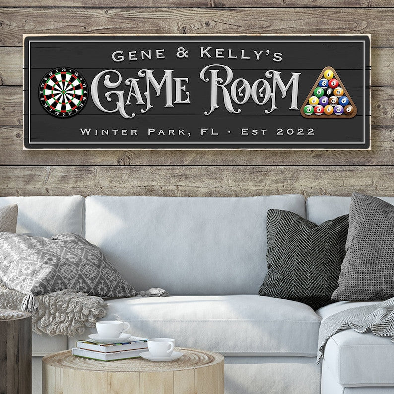Game Room Sign Personalized Canvas Wall Art | Darts And Billiards Game Room Wall Decor | Worn Edges Canvas Print
