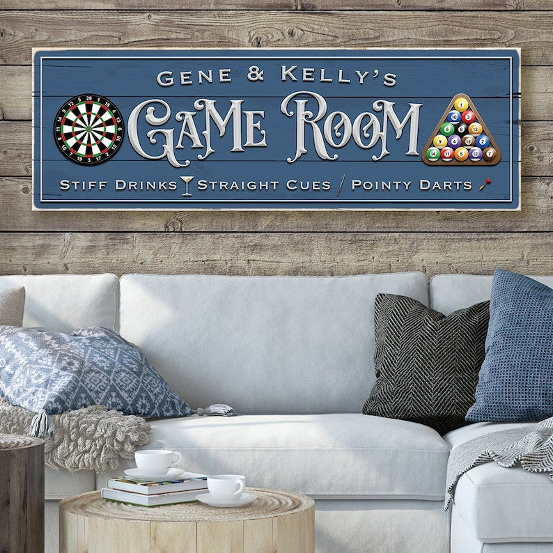 Game Room Sign Personalized Canvas Wall Art | Darts And Billiards Game Room Wall Decor | Worn Edges Canvas Print