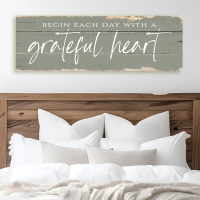 Begin Each Day With A Grateful Heart Sign Canvas Wall Art | Rustic Canvas Print
