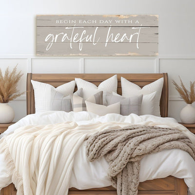 Begin Each Day With A Grateful Heart Sign Canvas Wall Art | Rustic Canvas Print