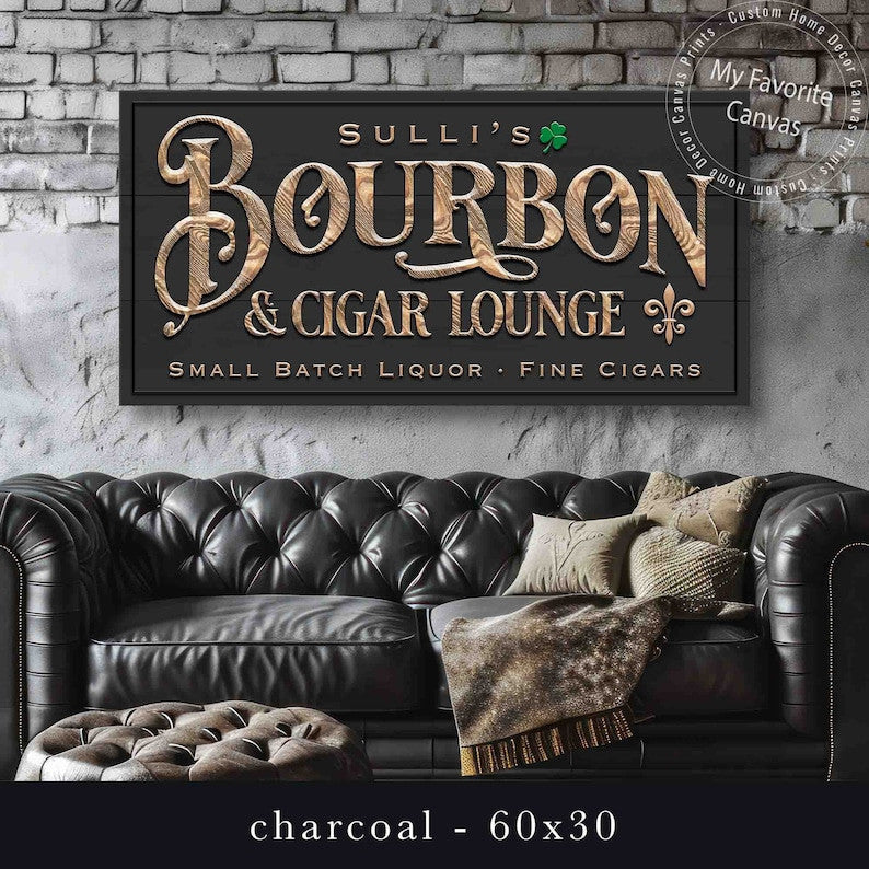 Bourbon And Cigar Bar Sign Personalized Canvas Wall Art | Aged Bourbon & Smooth Cigars Lounge | Clover Irish Canvas Print