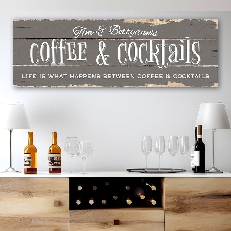 Coffee And Cocktails Bar Sign Canvas Wall Art | Life Is What Happens Between Coffee And Cocktails | Rustic Canvas Print