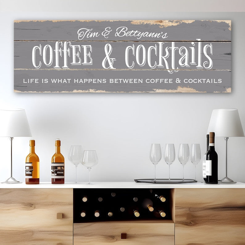 Coffee And Cocktails Bar Sign Canvas Wall Art | Life Is What Happens Between Coffee And Cocktails | Rustic Canvas Print