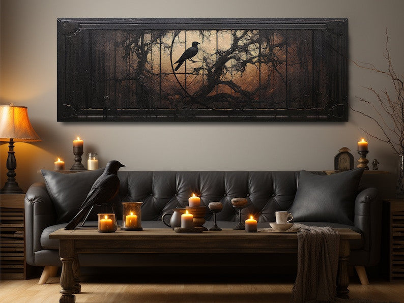 Raven Gothic Wall Art, Halloween Landscape Canvas, Black Crow in the Forest Print, Dark Academia, Moonlight Art