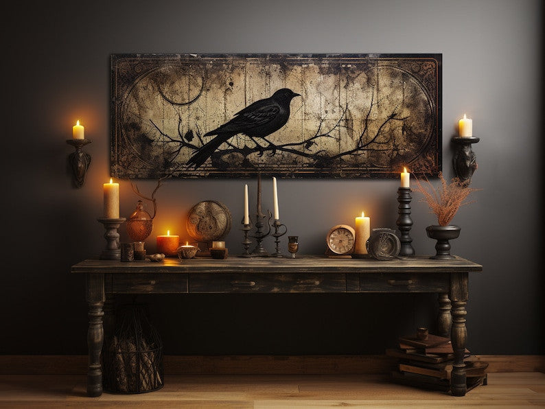 Raven Gothic Wall Art, Halloween Landscape Canvas, Black Crow in the Forest Print, Dark Academia, Moonlight Art