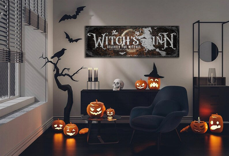 Witch on a Broom, Rustic Halloween Sign, Huge Black Canvas, Witch Cat Art, Moon Eclipse Design, Spooky Gothic Art