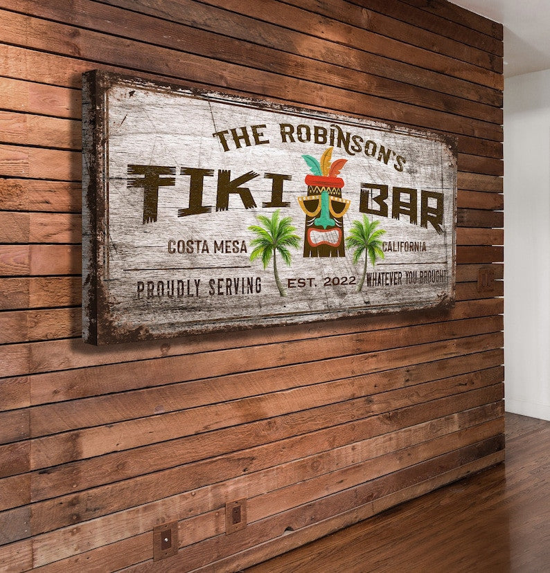 Tiki Bar Sign Personalized, Custom Tiki Bar Décor, Sign For Tiki Bar, Family Last Name Sign, Patio Backyard Sign, Large Canvas Tiki Bar Art