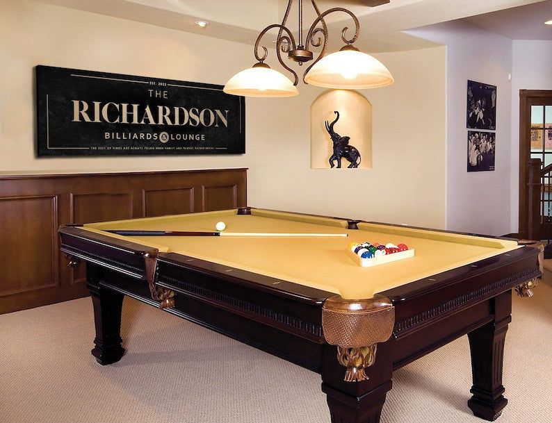 Personalized Billiards Sign, Billiards and Lounge Wall Art, Huge Black Canvas Print, Custom Billiards Décor, Farmhouse Gifts