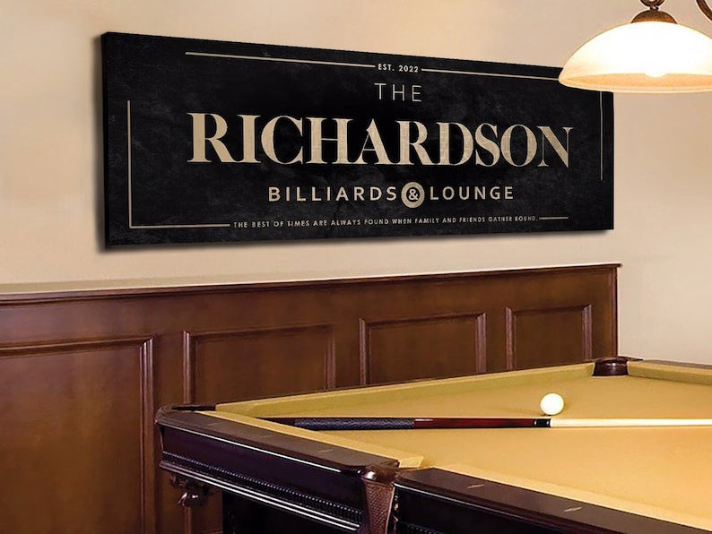Personalized Billiards Sign, Billiards and Lounge Wall Art, Huge Black Canvas Print, Custom Billiards Décor, Farmhouse Gifts
