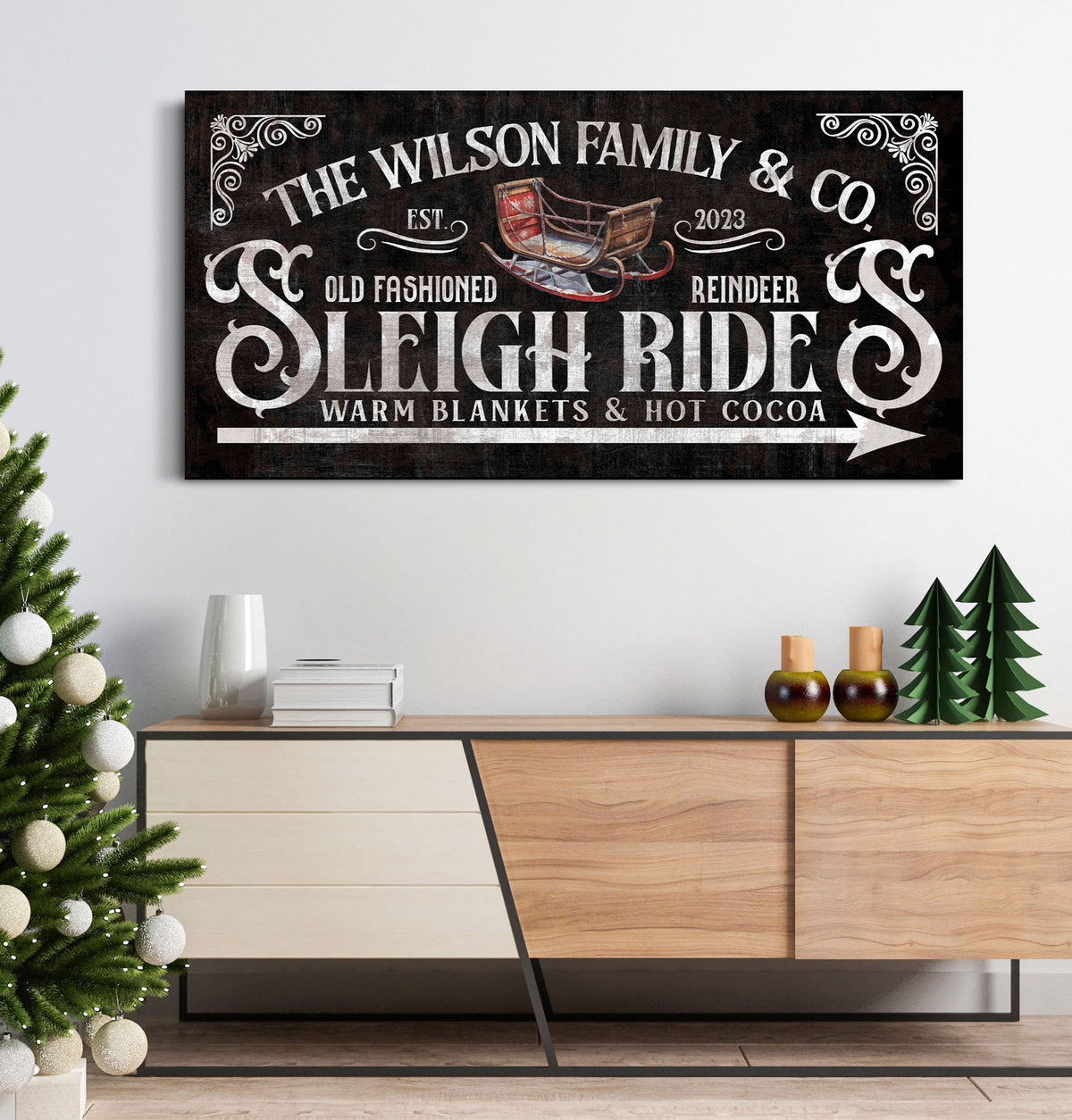 Personalized Sleigh Rides Reindeer Sign, Custom Hot Cocoa & Cookies Sign, Christmas Wall Art, Holiday Winter Decor, Vintage Santa Xmas Decor