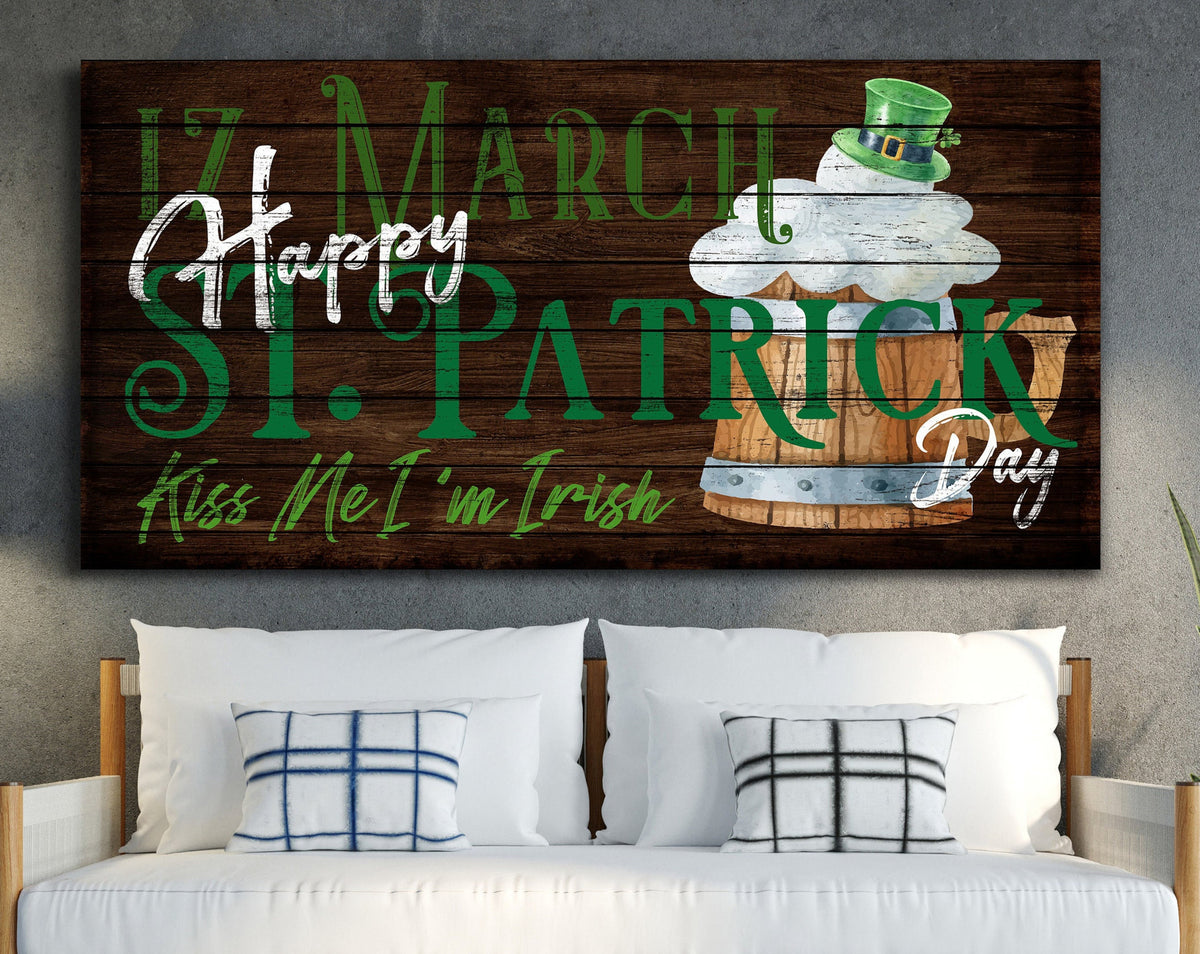 Happy St. Patrick's Day Sign, St. Patrick's Day Decor, Irish Holiday Decor, Vintage 17 March Sign, Farmhouse Wall Art, Rustic Canvas Print
