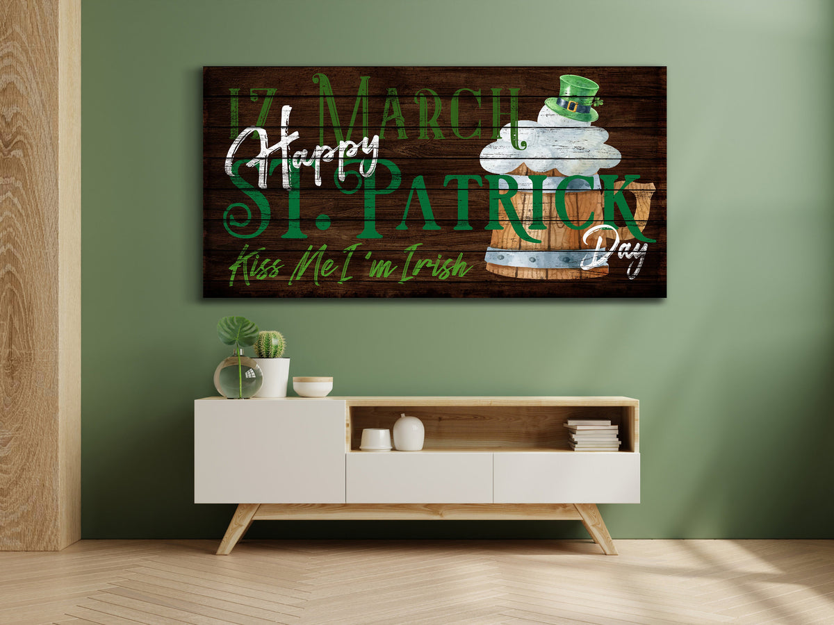 Happy St. Patrick's Day Sign, St. Patrick's Day Decor, Irish Holiday Decor, Vintage 17 March Sign, Farmhouse Wall Art, Rustic Canvas Print