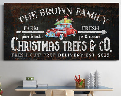 Custom Christmas Tree Farm Sign Red Iconic Car Sign Ready To Hang On The Wall Sign For Porch Custom Family Name Fresh Cut Sign Custom Canvas