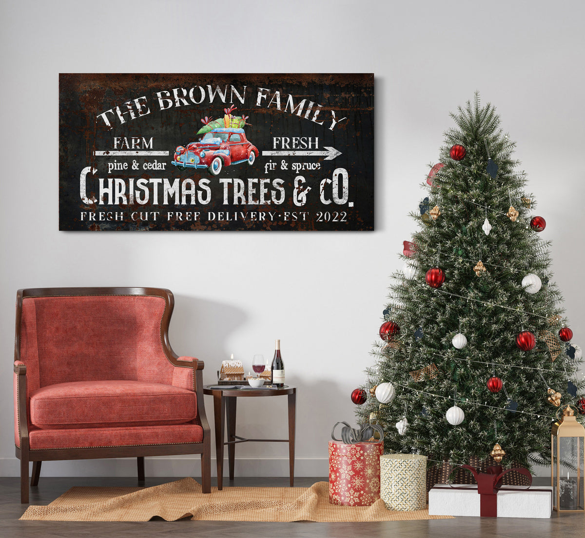 Custom Christmas Tree Farm Sign Red Iconic Car Sign Ready To Hang On The Wall Sign For Porch Custom Family Name Fresh Cut Sign Custom Canvas