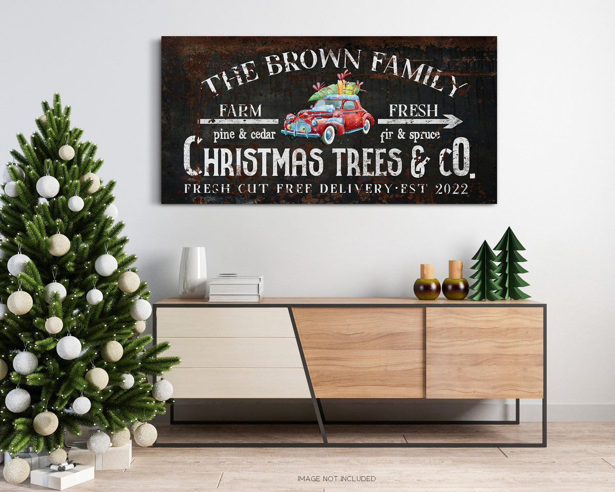 Custom Christmas Tree Farm Sign Red Iconic Car Sign Ready To Hang On The Wall Sign For Porch Custom Family Name Fresh Cut Sign Custom Canvas