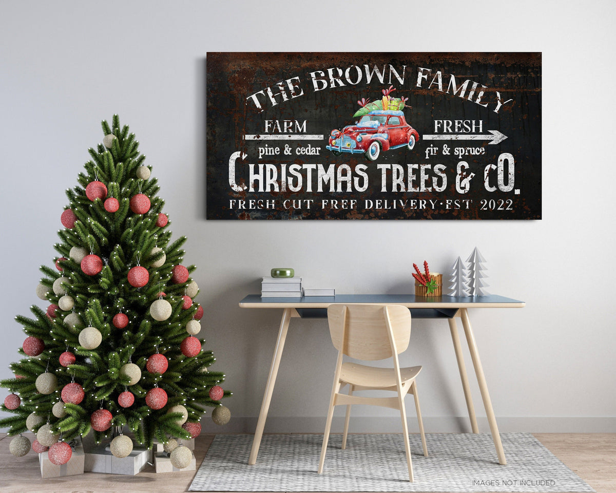 Custom Christmas Tree Farm Sign Red Iconic Car Sign Ready To Hang On The Wall Sign For Porch Custom Family Name Fresh Cut Sign Custom Canvas