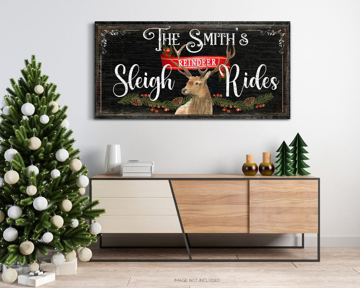 Custom Reindeer Sleigh Rides Christmas Sign Pine Cones Christmas Decorations New Year Celebration Porch Sign Rustic Christmas Canvas Print