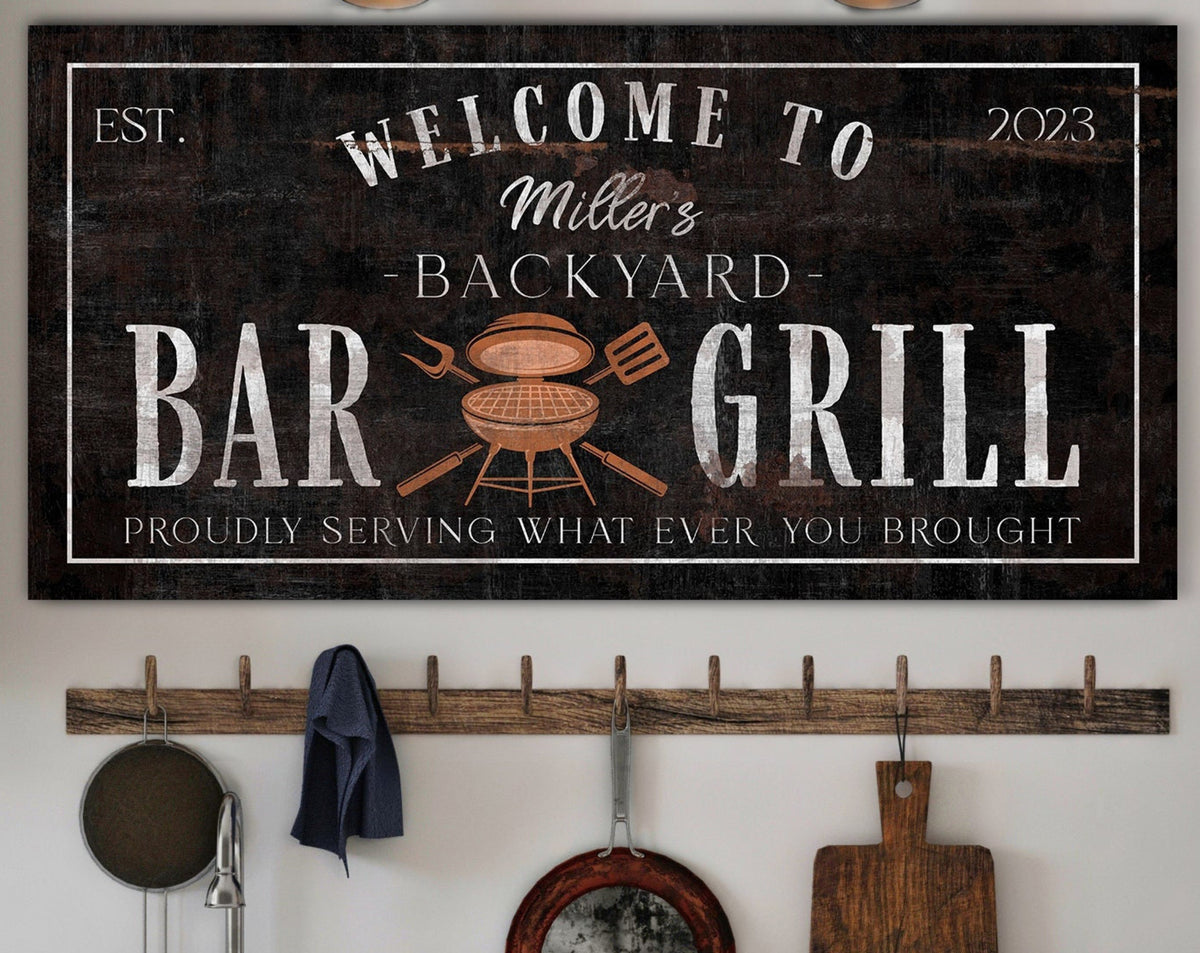 Personalized Backyard Bar & Grill Sign, Custom Bbq Sign, Vintage Kitchen Wall Decor, Outdoor Wall Hanging, Backyard Bar Sign, Canvas Print