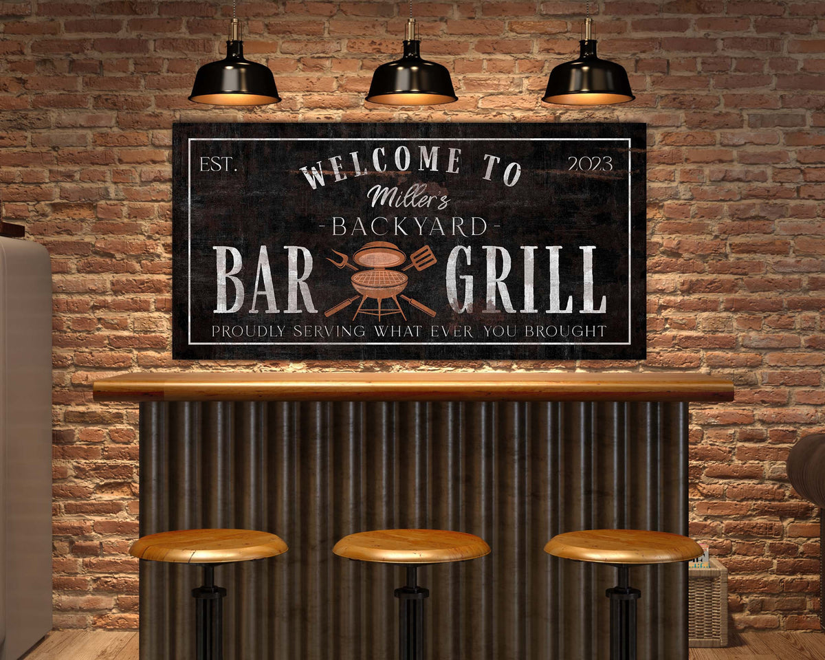 Personalized Backyard Bar & Grill Sign, Custom Bbq Sign, Vintage Kitchen Wall Decor, Outdoor Wall Hanging, Backyard Bar Sign, Canvas Print