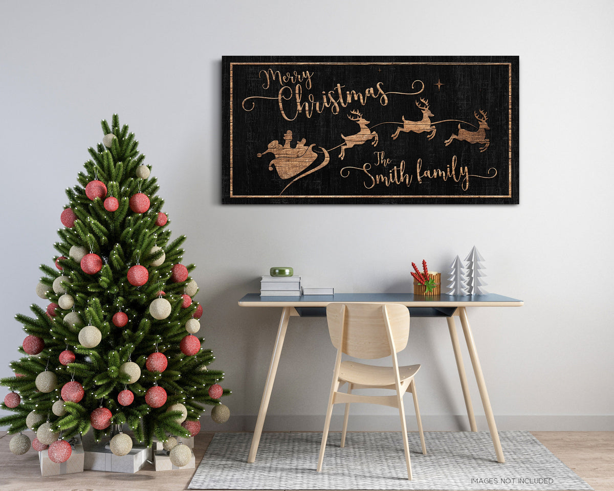 Personalized Merry Christmas Sign Wooden Design Farmhouse Gift Sign Modern Farmhouse Christmas Decor Sign Santa And Reindeer Sign Canvas Art
