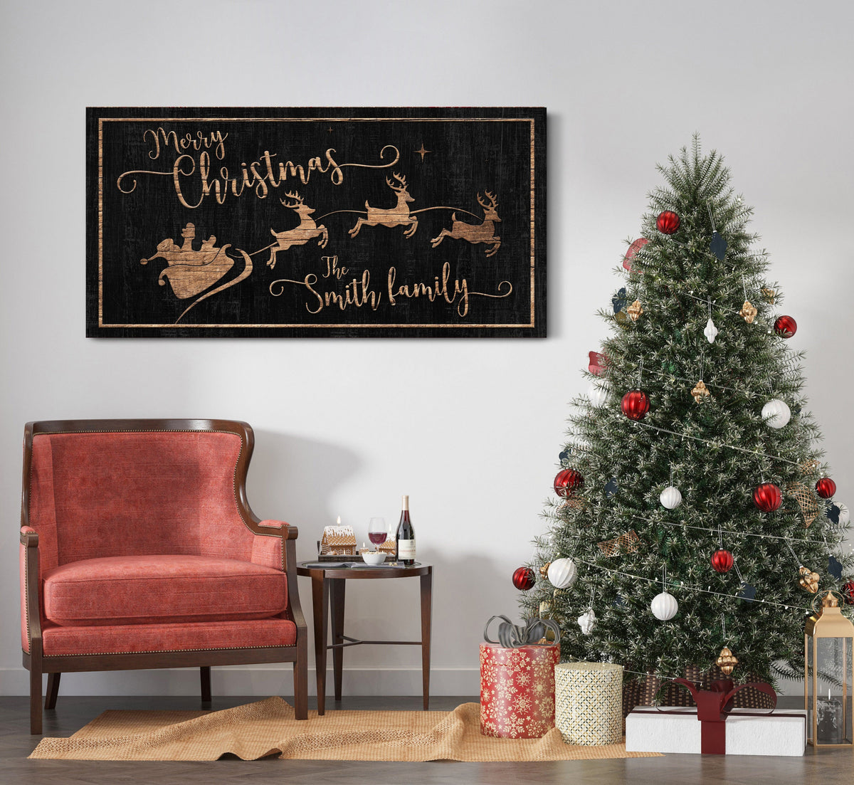 Personalized Merry Christmas Sign Wooden Design Farmhouse Gift Sign Modern Farmhouse Christmas Decor Sign Santa And Reindeer Sign Canvas Art