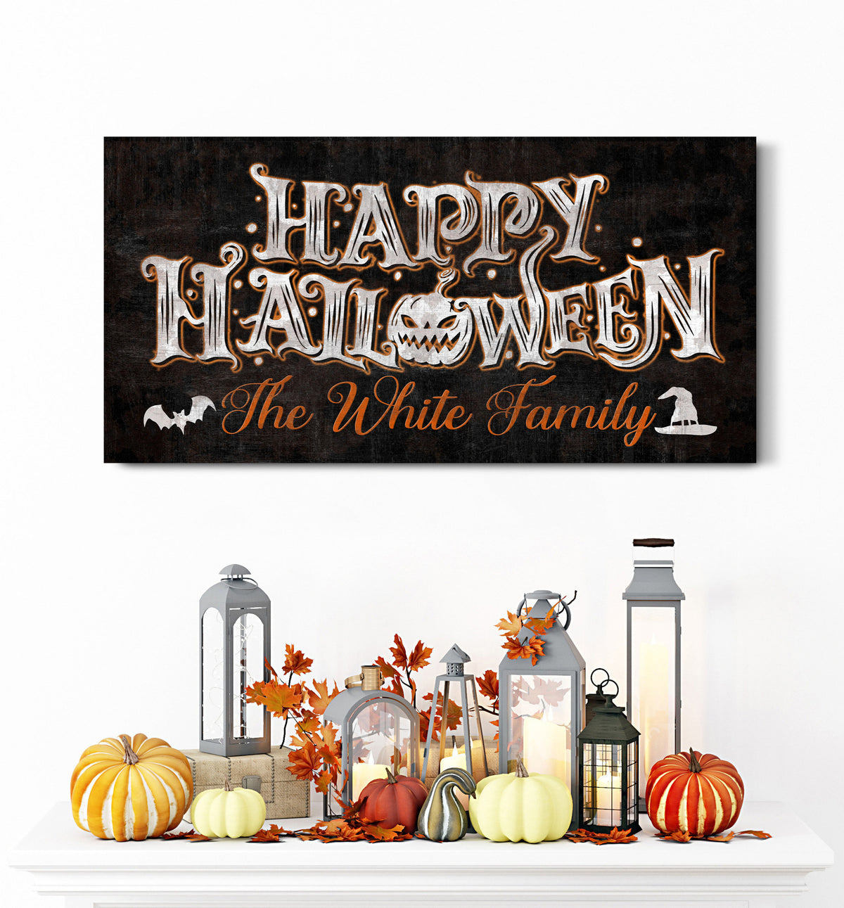 Personalized Happy Halloween Canvas Sign, Rustic Family Name Halloween Entryway Porch Decor, Scary Wall Hangings, Spooky Gothic Home Decor
