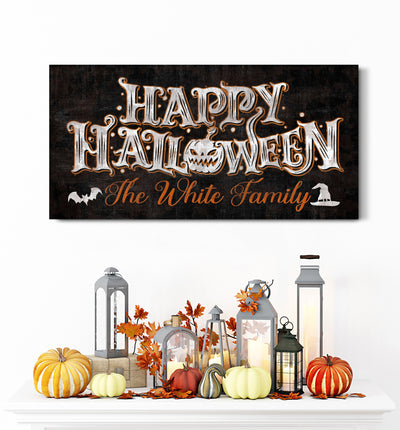 Personalized Happy Halloween Canvas Sign, Rustic Family Name Halloween Entryway Porch Decor, Scary Wall Hangings, Spooky Gothic Home Decor