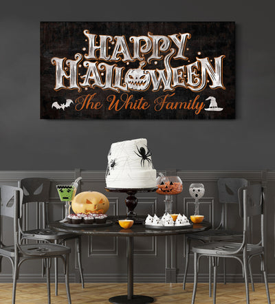 Personalized Happy Halloween Canvas Sign, Rustic Family Name Halloween Entryway Porch Decor, Scary Wall Hangings, Spooky Gothic Home Decor