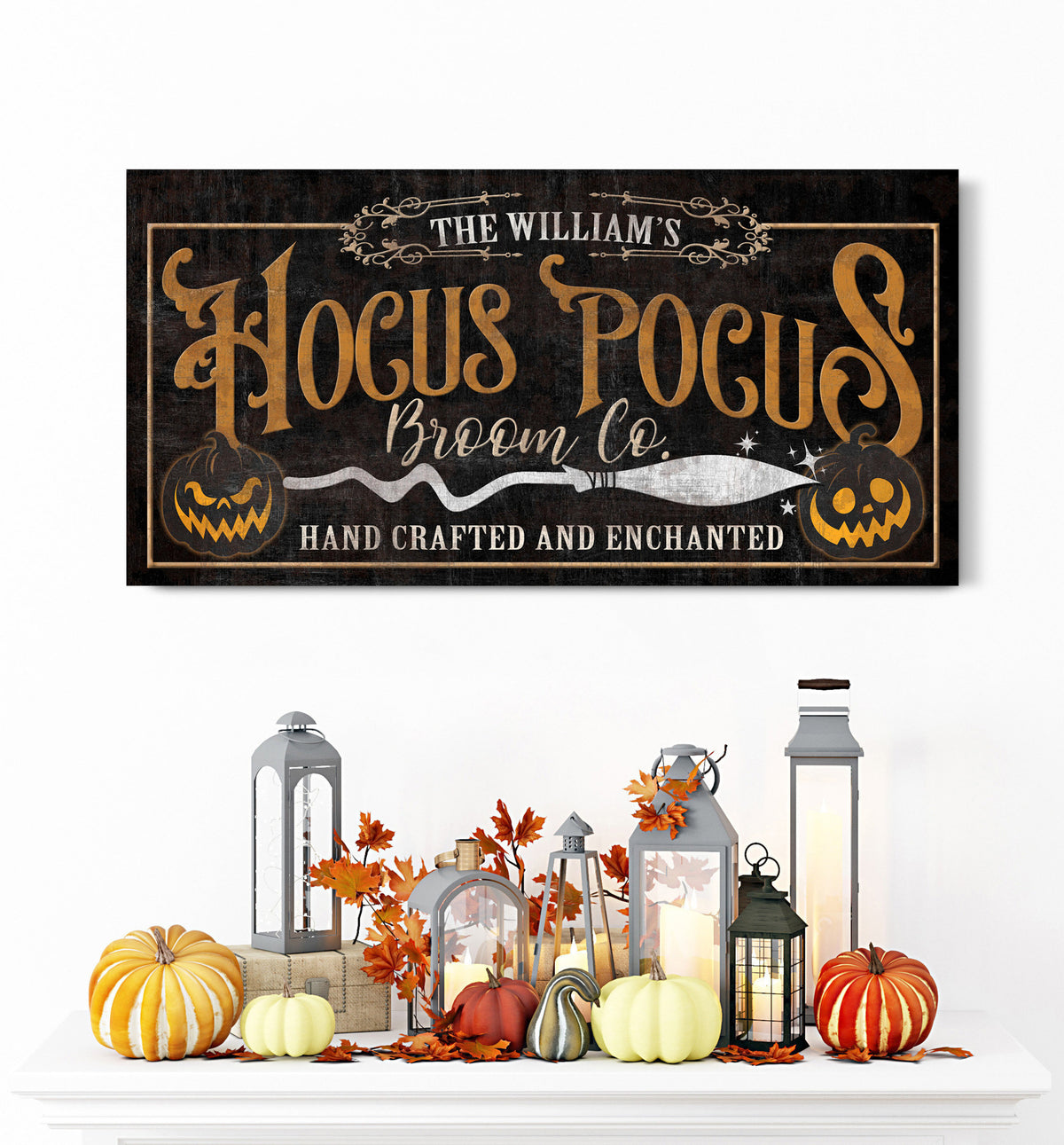 Personalized Hocus Pocus Broom Co Sign, Spooky Halloween Farmhouse Decor, Witchy Broom Wall Art, Medieval Canvas Wall Art, Salem Broom Sign