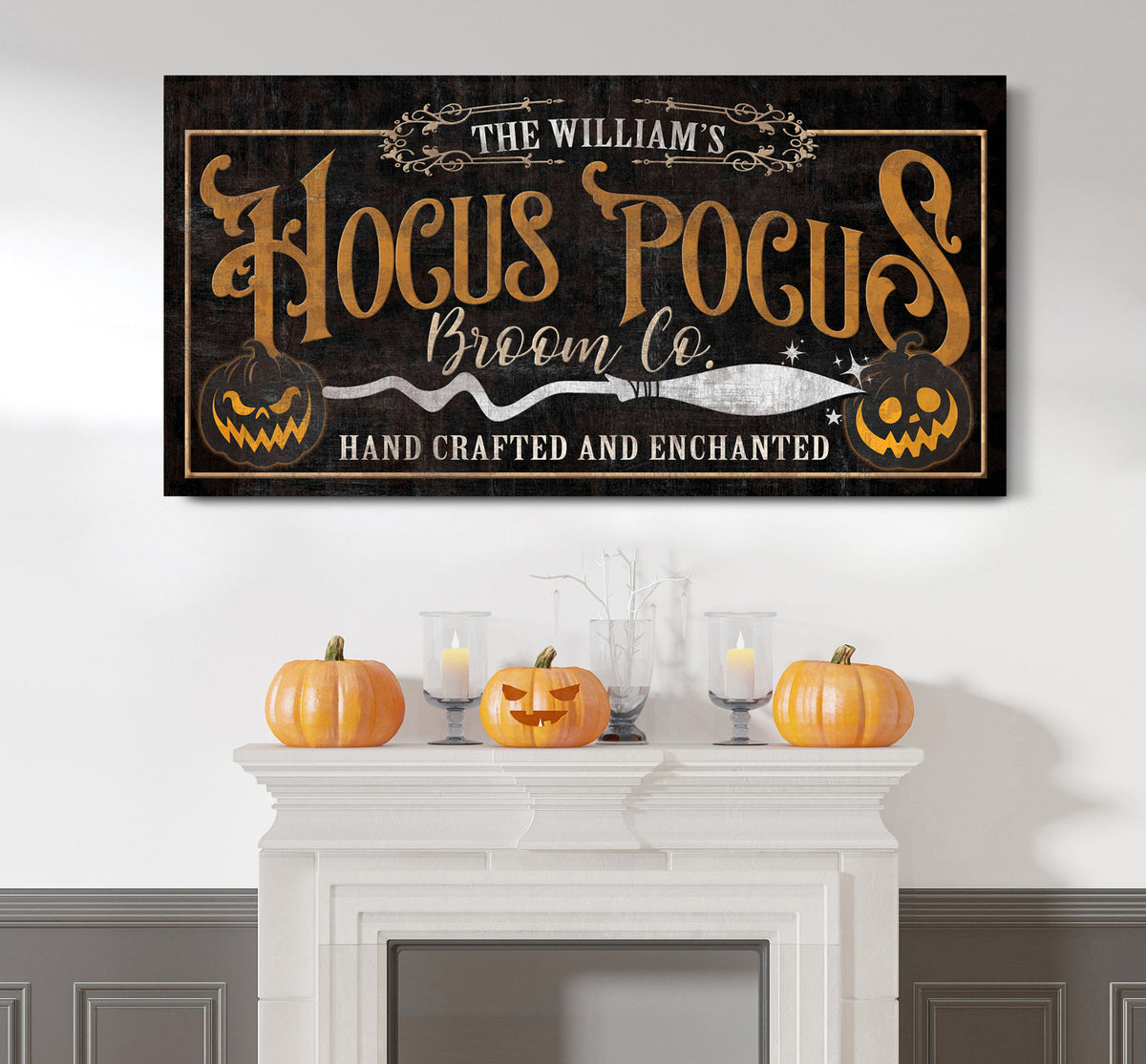 Personalized Hocus Pocus Broom Co Sign, Spooky Halloween Farmhouse Decor, Witchy Broom Wall Art, Medieval Canvas Wall Art, Salem Broom Sign