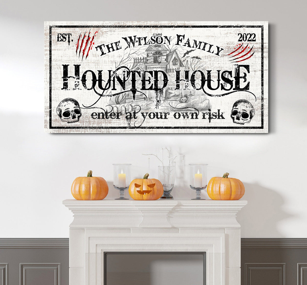 Custom Haunted House Sign Halloween Wall Decor Family Halloween Haunted Home Sign Halloween Gift Front Porch Sign Creepy Canvas Wall Art