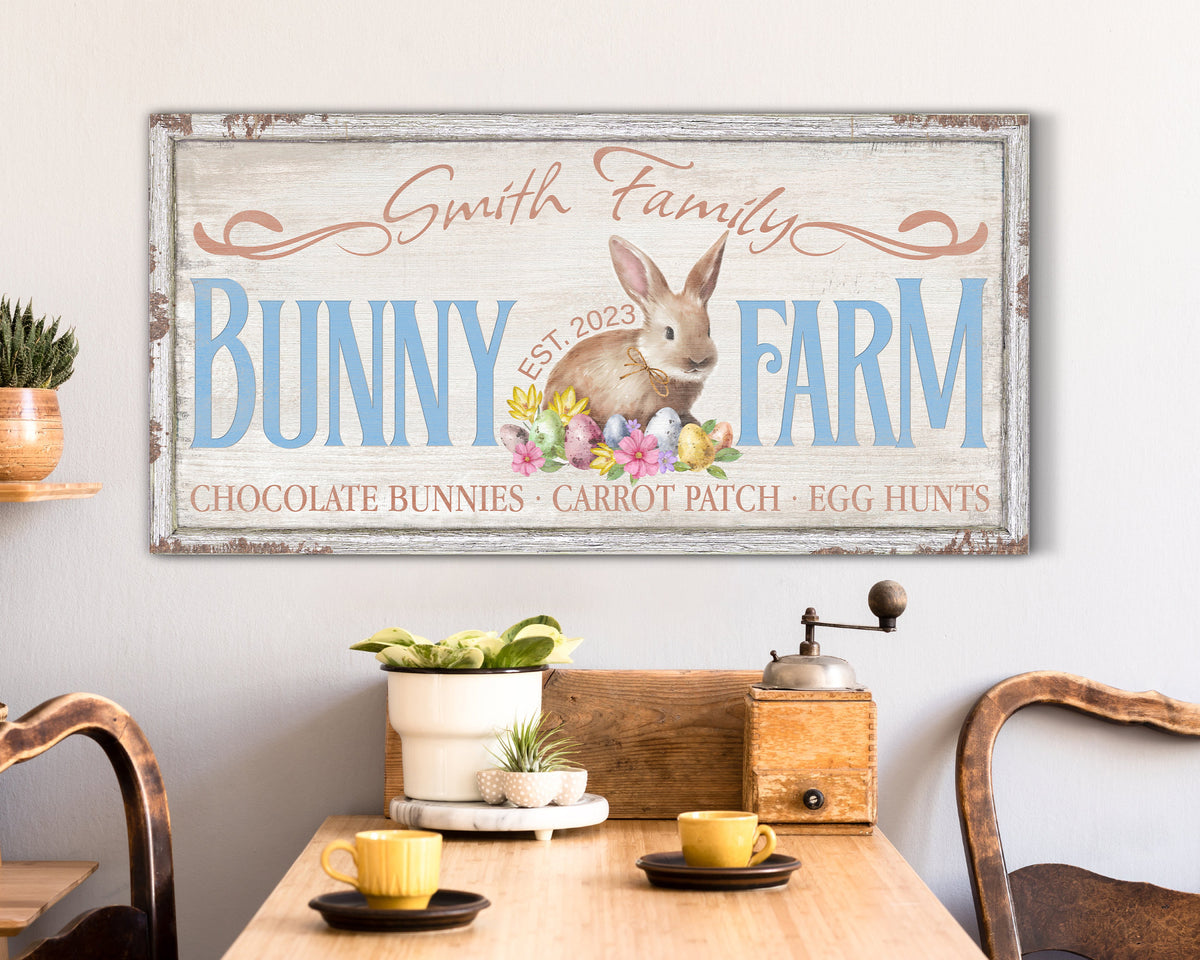 Custom Bunny Farm Sign, Personalized Family Name Wall Art, Easter Bunny Wall Decor, Easter Eggs Home Decor, Rustic Farmhouse Canvas Art