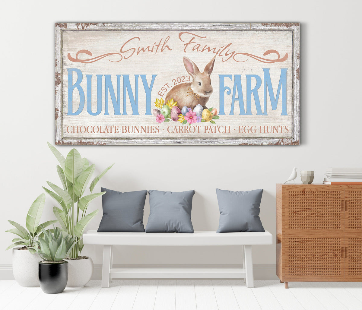 Custom Bunny Farm Sign, Personalized Family Name Wall Art, Easter Bunny Wall Decor, Easter Eggs Home Decor, Rustic Farmhouse Canvas Art